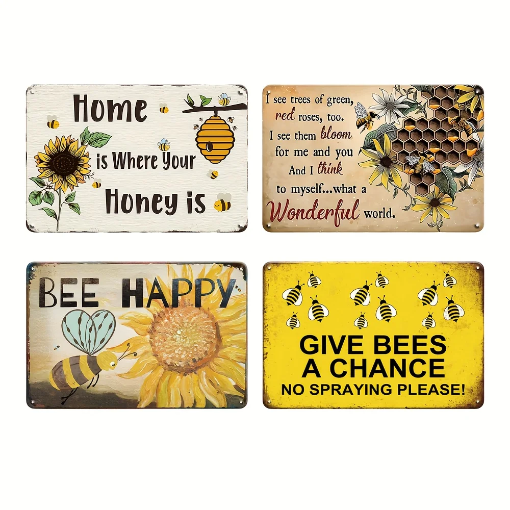 2D Flat Decorative Signs And Plaques, 4pcs Vintage Metal Wall Decor Signs - Humorous Sunflower And Bee Design With Inspirational