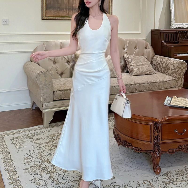 Fashionme feminino halter midi vestidos de cetim com gravata frontal sem costas dividida vestido de cetim oco