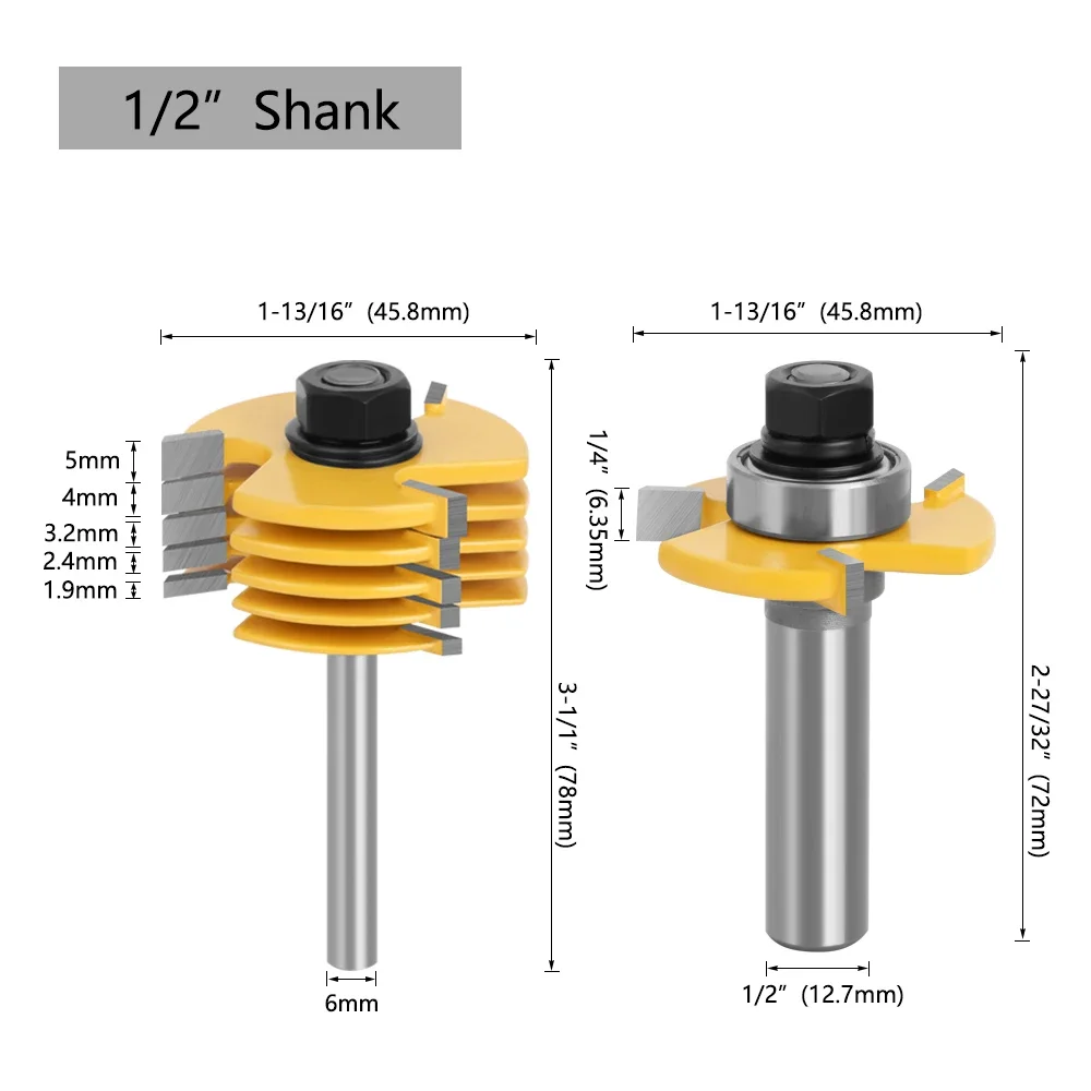 3-Flügel-Schlitzfräser-Set, 6-teilig, Kugellager-T-Form-Fräser, Holzbearbeitungs-Tenonfräser, Nutfräser für 8mm, 12mm, 1/2 Zoll Schaft – Detail 5