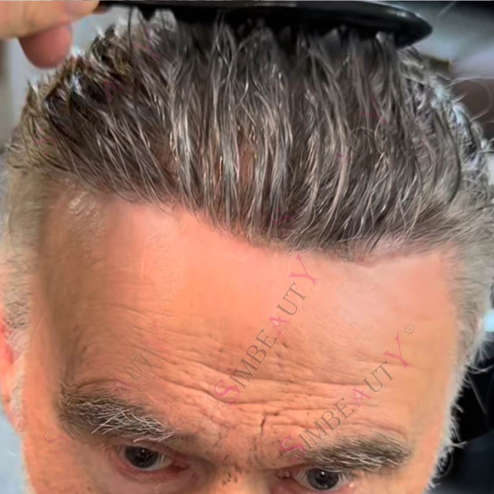 

Invisible Brown Gray 1b20Men's Human Hair Vloop Super Thin Toupee Light Weight 90Density Natural Hairline Male Prosthesi System