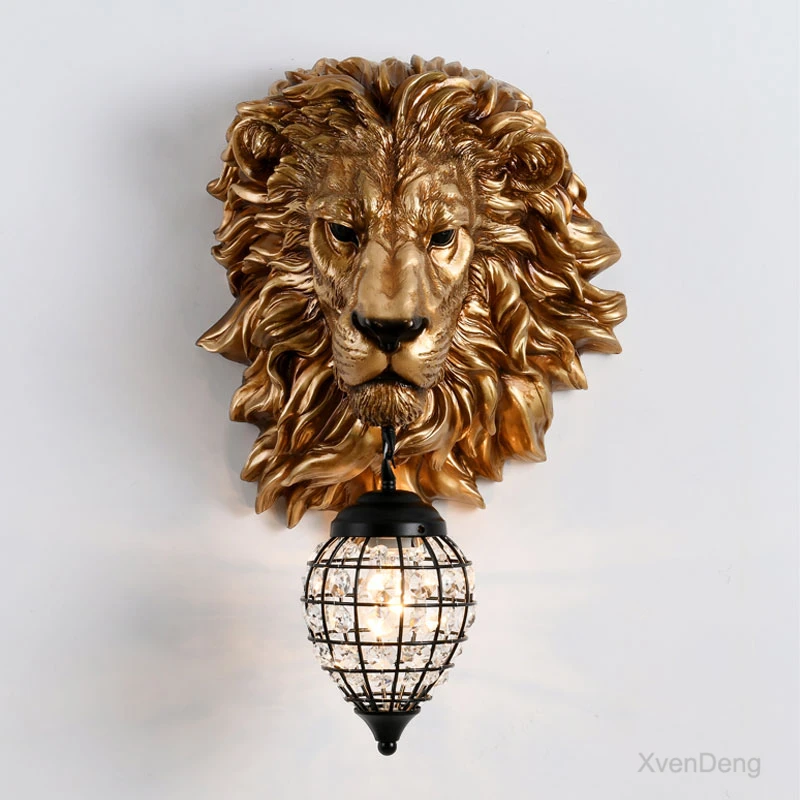 

European Lion Head Wall Lamps Bedroom Living Room Restaurant Sconce Crystal Resin Animal Wall Light Home Decor Indoor Lighting