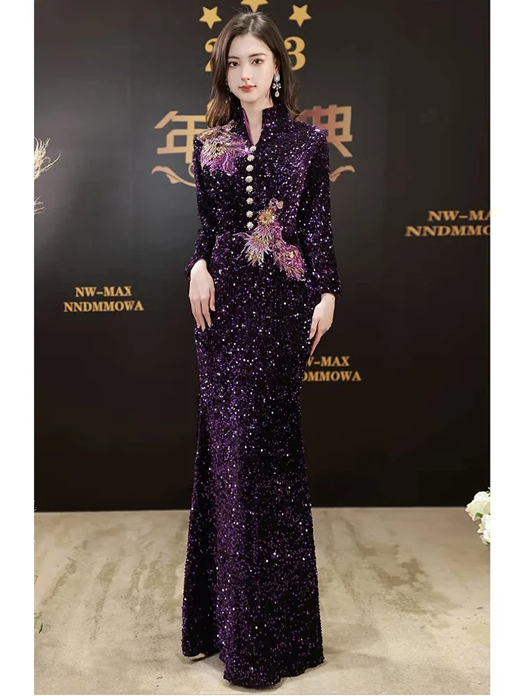 

Purple Sequin Evening Dr 2025 High-End Banquet Dinner Tailored Heavy Work Host Luxury Faionable Long Sve Gown