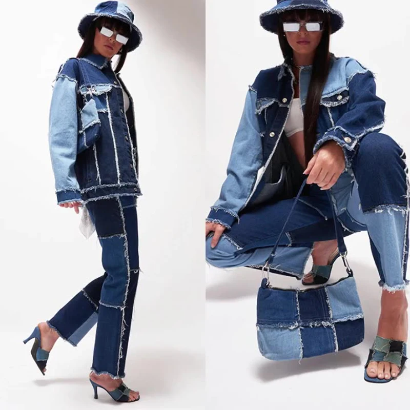 Jeans Women Denim Straight Pants Coat Vest Patchwork Trousers for Cool Girl Trendy Fashion Tassel Streetwewar High Waist Jeans