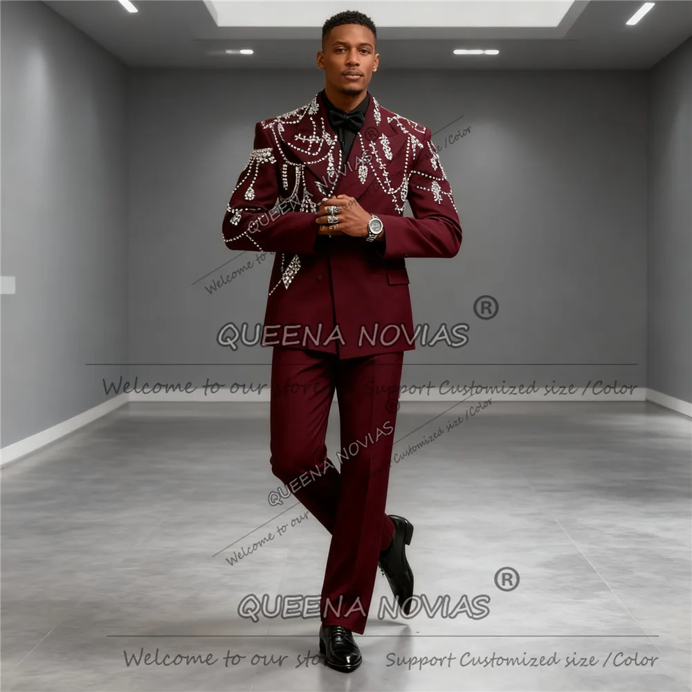 

Wine Red Suit Attire For Men Loose Style Double Breasted Jacket Pants 2 Pieces Groom Wedding Tuxedos Customized Costume Homme