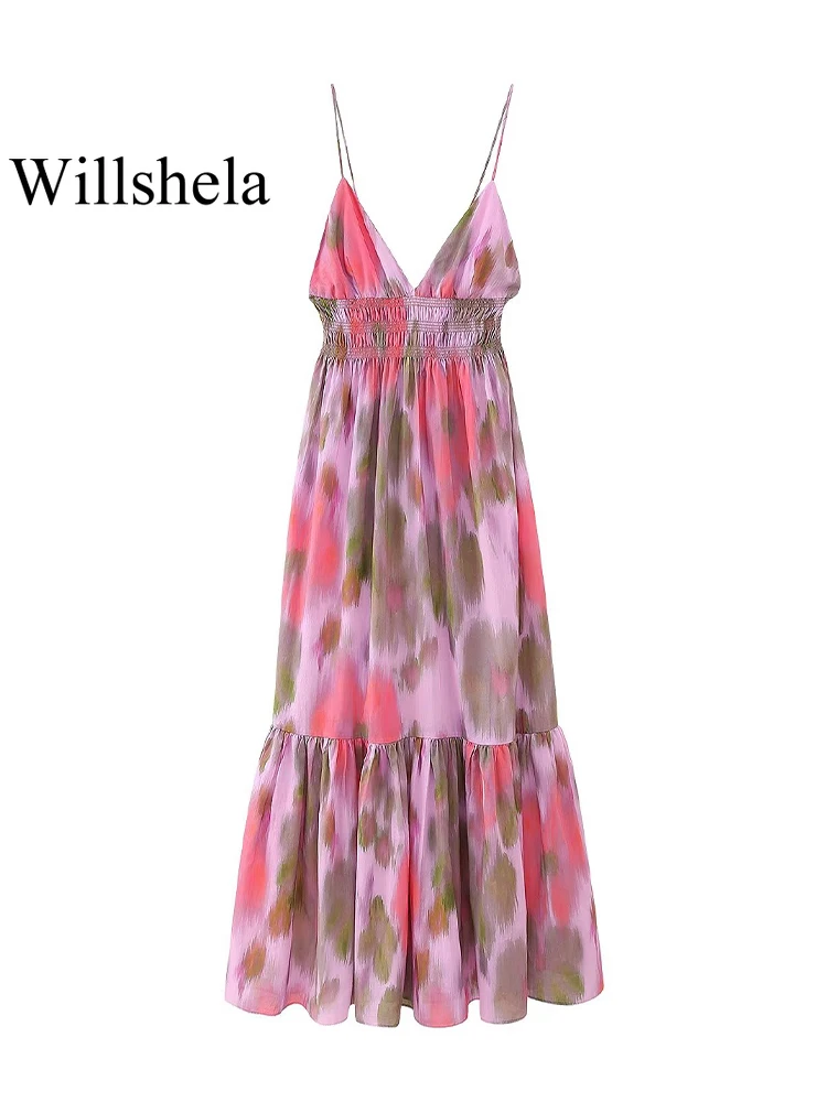 Willshela Women Fashion Printed Elastic Waist Backless Lace Up Midi Dress Vintage Thin Straps V-Neck Female Chic Lady Dresses