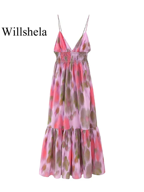 Willshela moda damska z nadrukiem w pasie sznurowana sukienka Midi z odkrytymi plecami Vintage cienkie paski dekolt w serek kobiece eleganckie sukienki damskie