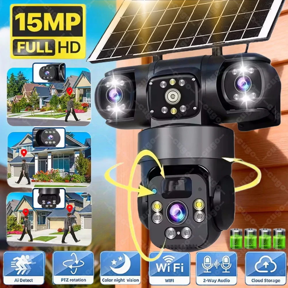 V380 3 Screen 3 Lens WIFI Camera Solar PIR Human Detection Night Vision Security Video IP Camara 15MP 8K HD Battery CCTV Monitor