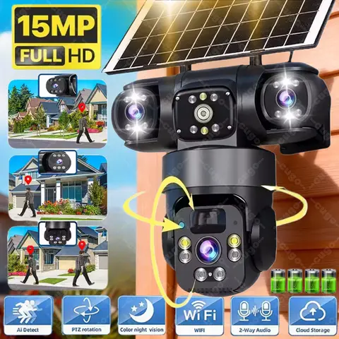 V380 3 Screen 3 Lens WIFI Camera Solar PIR Human Detection Night Vision Security Video IP Camara 15MP 8K HD Battery CCTV Monitor