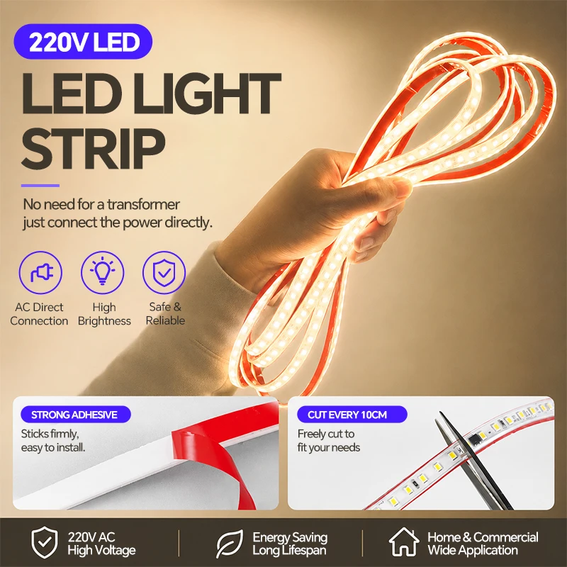 220V LED Strip Light No Transformer High Brightness Waterproof  Cuttable 10cm Easy Install Home Commercial Indoor Outdoor Use