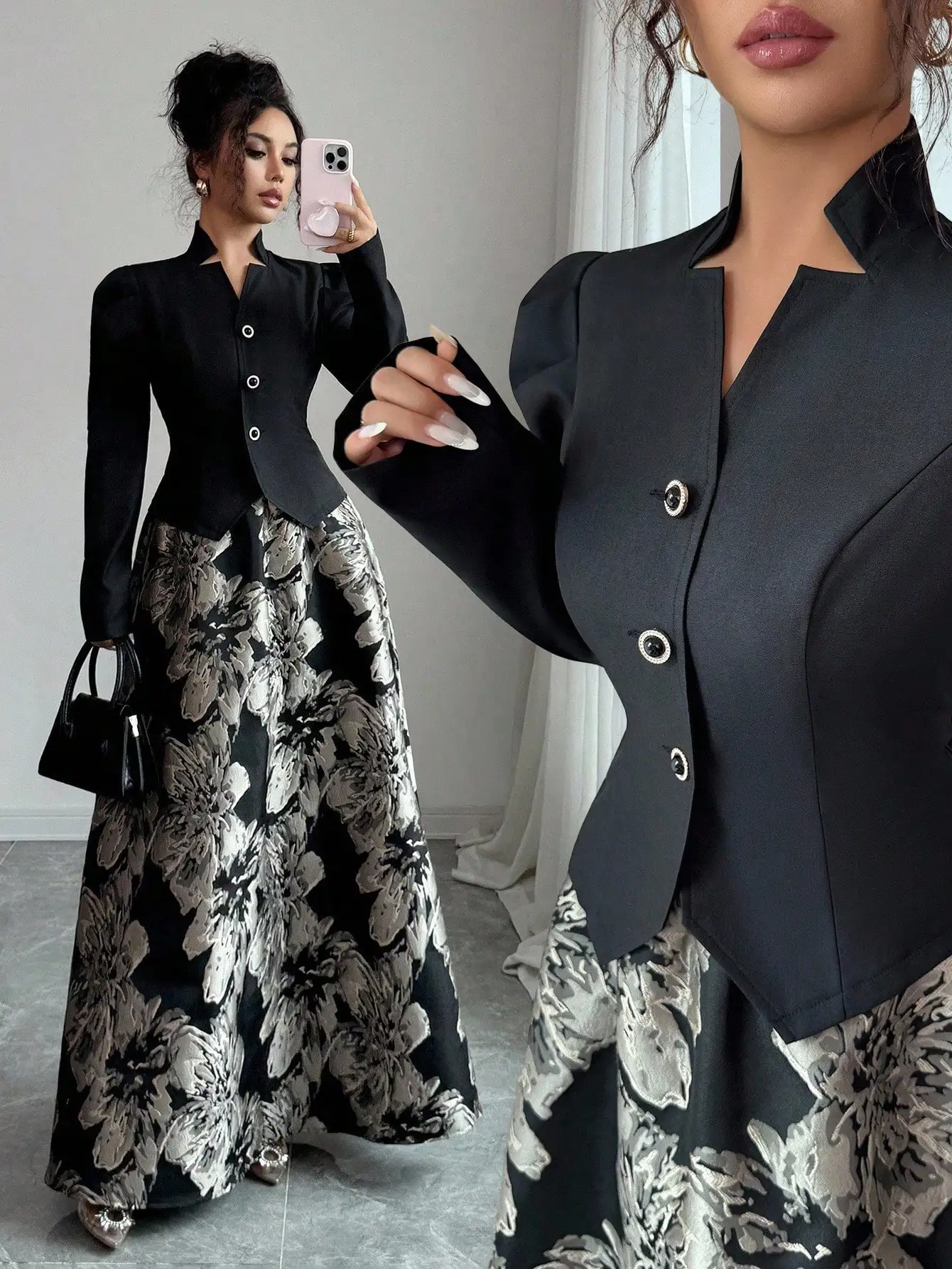 우아한 블랙 블레이저와 퍼프 소매 & 플로럴 A라인 스커트 세트 (여성용, 오피스에서 저녁까지 착용 가능)