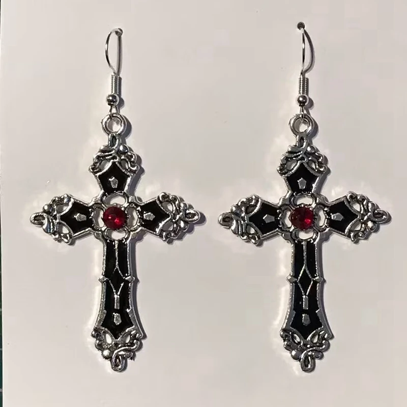 Large cross earrings Tibetan silver with black enamel inlay Aesthetic Gothic Cross Earrings Women Optimal Jewelry Accessories