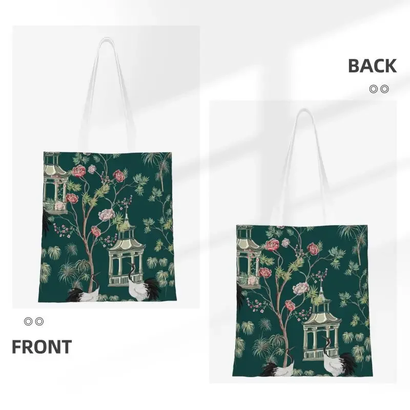 Custom Chinoiserie Fengshui Oriental Floral Pattern Green Canvas Shopping Bags Women Durable Groceries Tote Shopper Bags