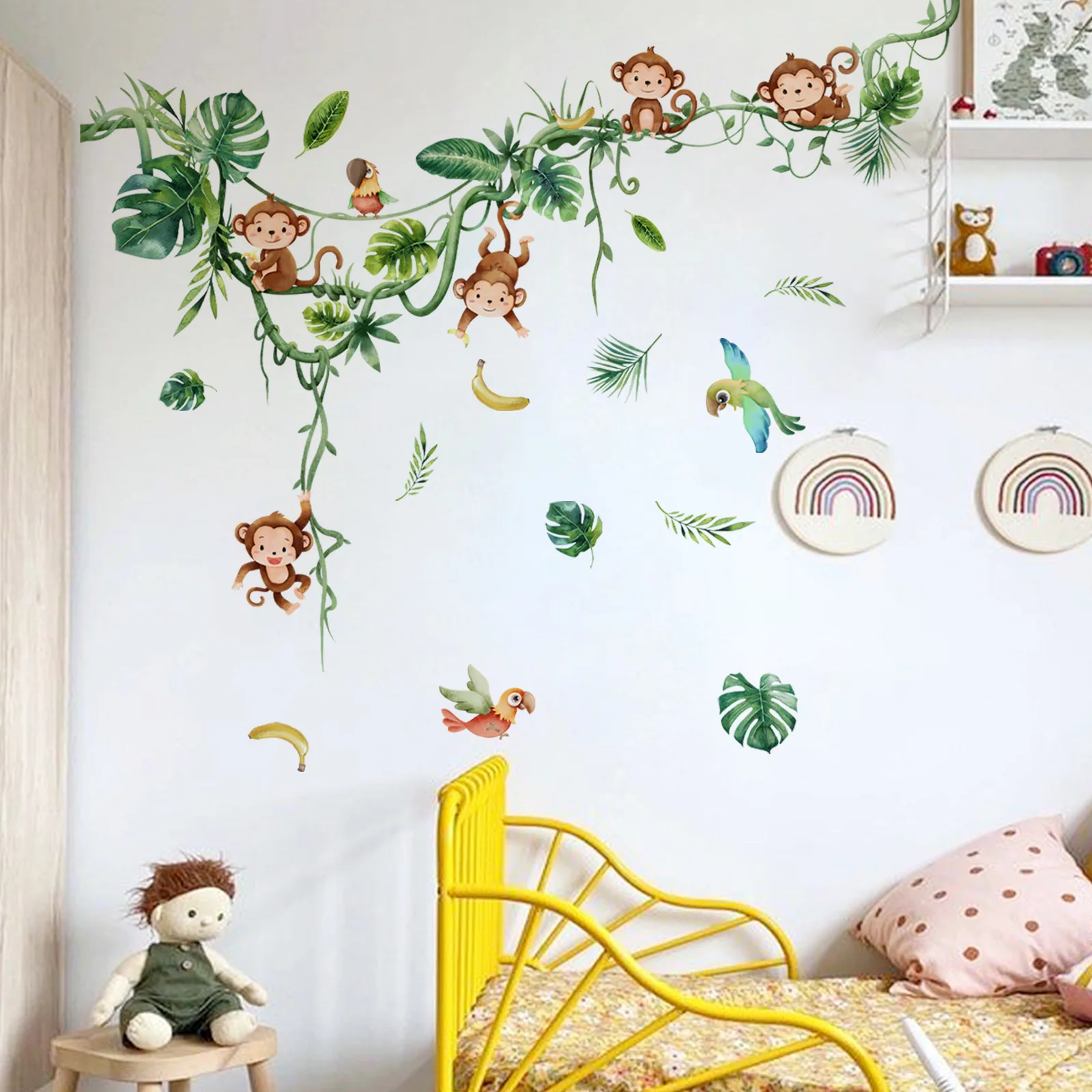 4pcs Cartoon Forest Animal Monkey Vine Wall Stickers Children's Room Kindergarten Decorative Background Wall Sticker Ms1697