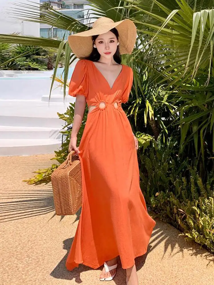 

New Fashion Orange V-neck Elegant Hollow Out Long Dress Women Short Sleeves Sexy Slim High Waist A-line Dress Ladies 2025 Summer