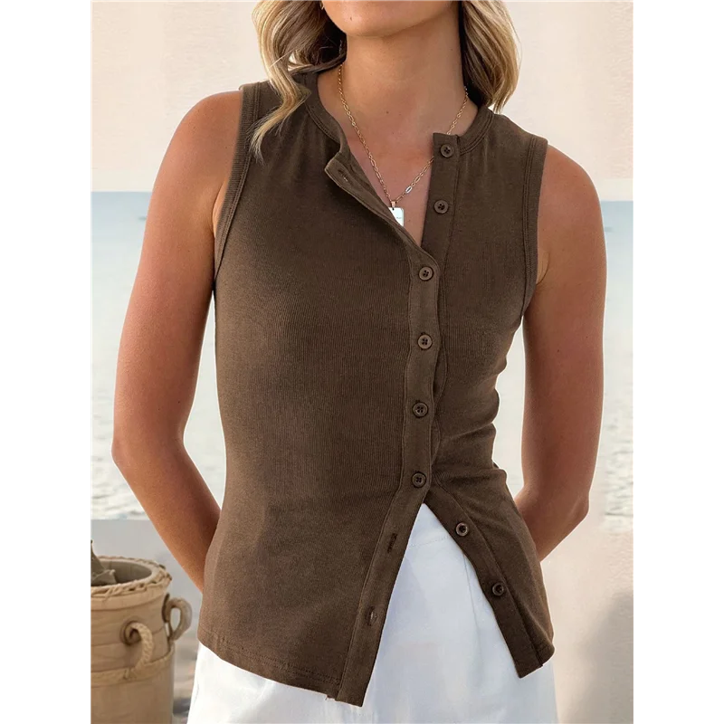 ASDS-Women Button Down Vest Ribbed Summer Tank Tops Button Up Open Front Rib Shirt Sleeveless Slim Dressy Top Fashion