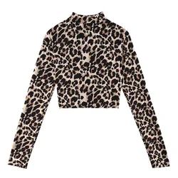 Women's T Shirt Leopard/Zebra Print Turtleneck Slim Summer Spring Long Sleeve Crop Top