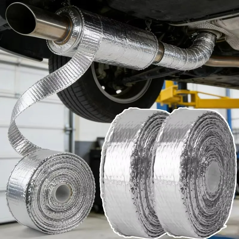 Aluminum Foil Glass Exhaust Heat Wrap Tape High Temp 2000°F Fiber Insulation for Car Exhaust Pipes with Stainless Steel Ties