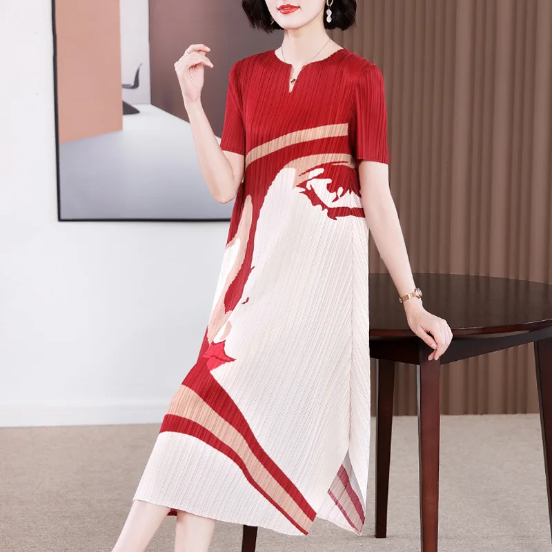 Miyake Red Pleated Dress for Women 2023 New Temperamental Mother Summer Short Sleeve Dress Mother-in-Law Wedding Dresses Women