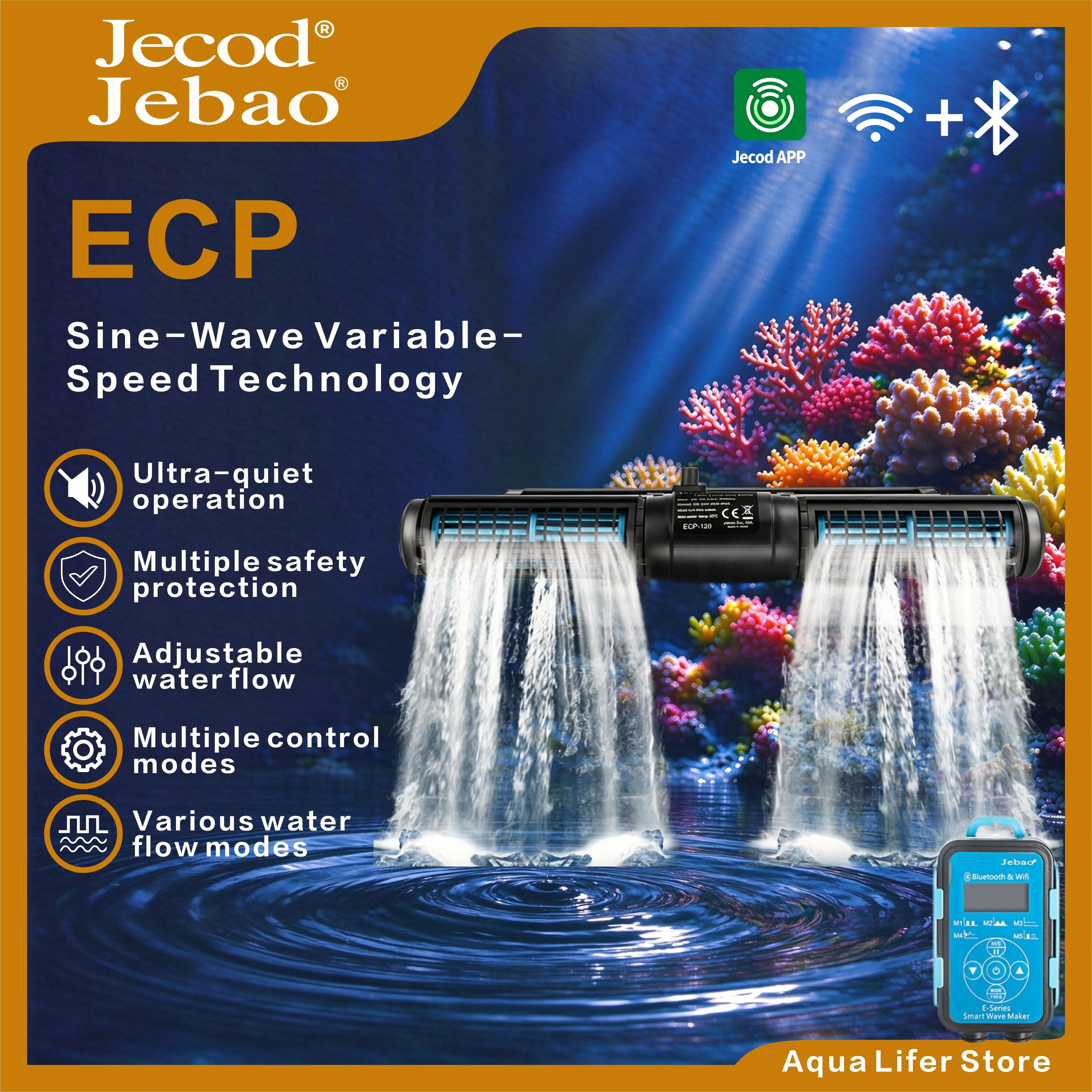 Jebao Jecod ECP/M Series Aquarium Cross Flow Wave Maker, WiFi APP Control Circulation Pump for Freshwater & Saltwater Fish Tank