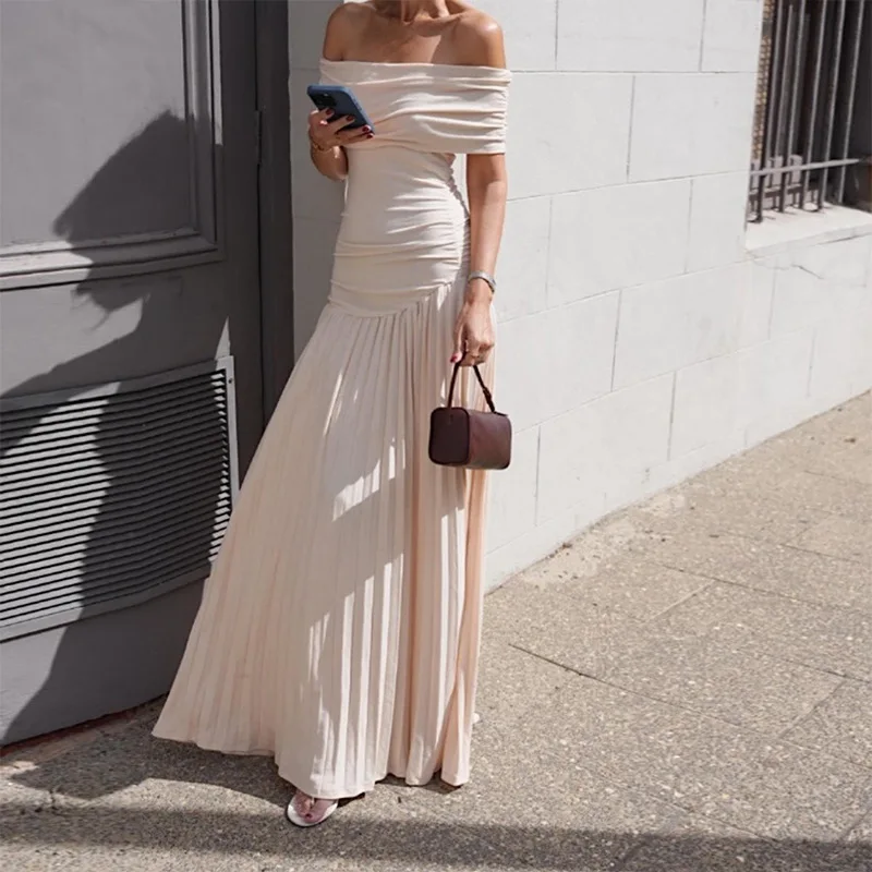 Candyhot Slash Neck Elegant Off Shoulder Solid Bodycon Dress Pleated Sleeveless Slim Maxi Dresses Y2K Fall Lady Evening Vestidos
