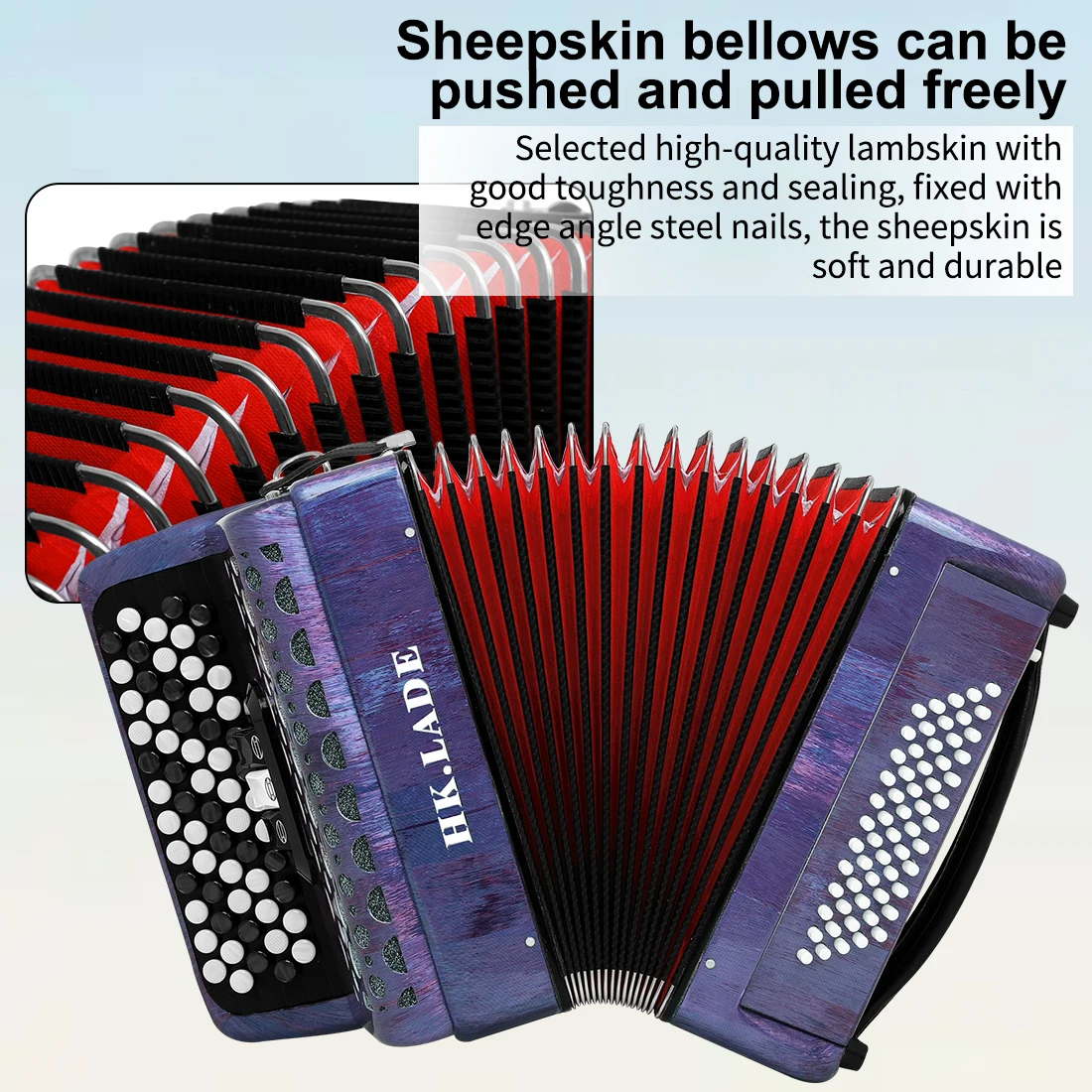 HK·LADE AH-190 Multiple-voice Accordion 62 Keys 60 Bass Bayan Accordion with Bag Keyboard Instrument for Grading Performance