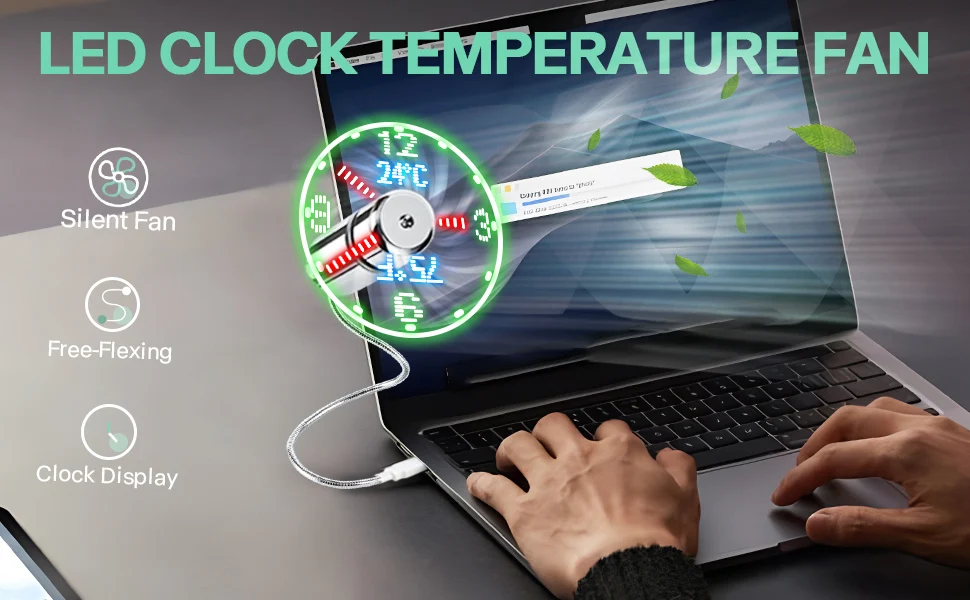 Flexible USB Led Clock Fan with Real-Time Temperature Display, Dual Temperature Display in Celsius and Fahrenheit, Time Can Be Set, Automatically Saved after Setting, Dc5V Usb-Powered Portable Fan with Led Clock and Temperature Display, Suitable for Computers, Laptops, and Ac Adapters, Suitable for Men/Women/Boys, New and Unique Creative Cool Gadget, Holiday Gift