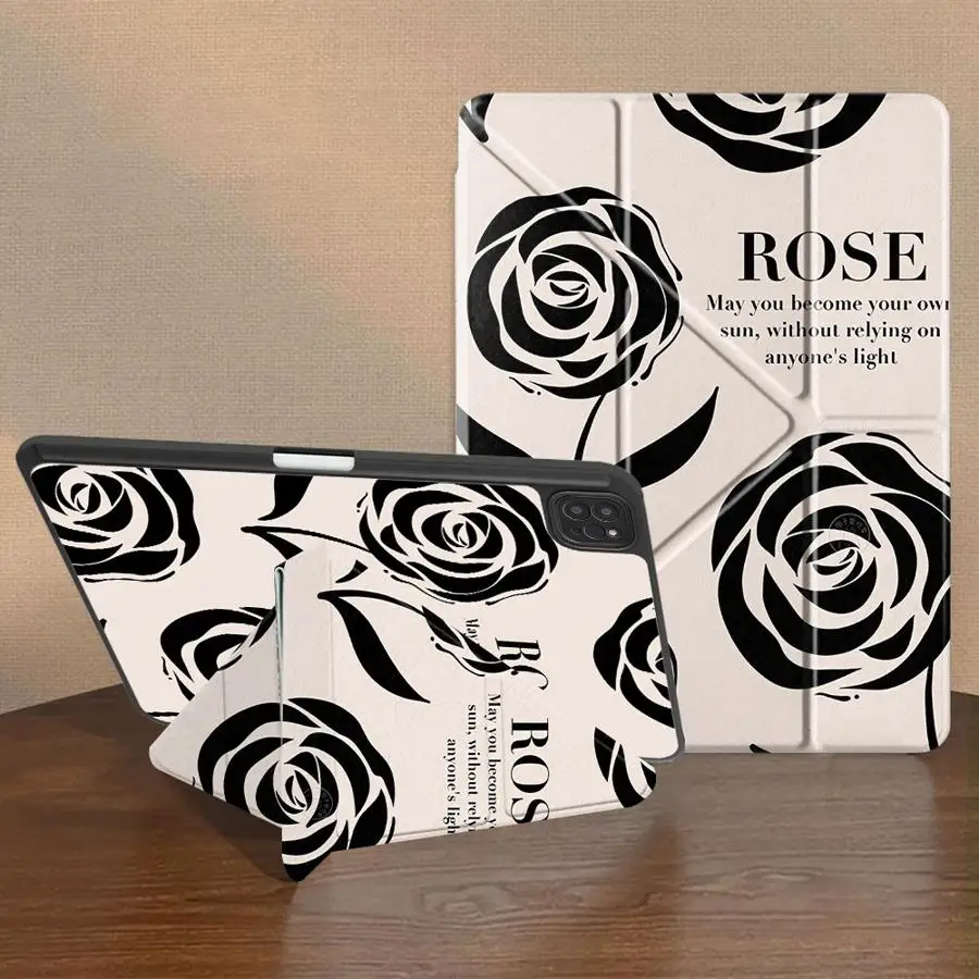 Black Rose Lines Holder Cover Tablet Case For iPad Air 4 5 M3 M2 M4 11inch Pro 2025 Pro 11th 10th 9th 8th 7th 12.9inch Mini 6 7