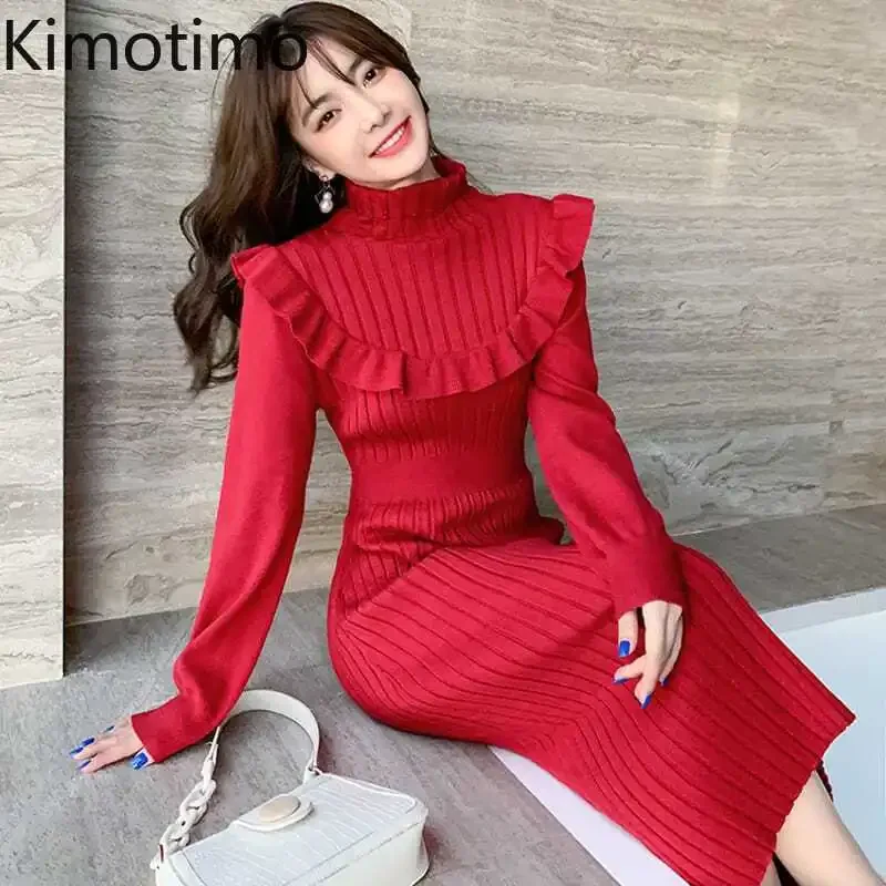 Kimotimo Autumn Winter Long Sleeve Knitted Dress Women French Elegant High Collar Ruffle Waist Slim Mid Length Sweater Dresses