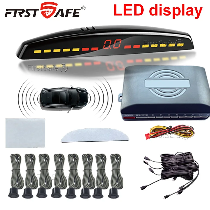 

Multi radar parking sensor kit with 8 rubber probes, backlit LED display system, reverse monitoring detector assistant