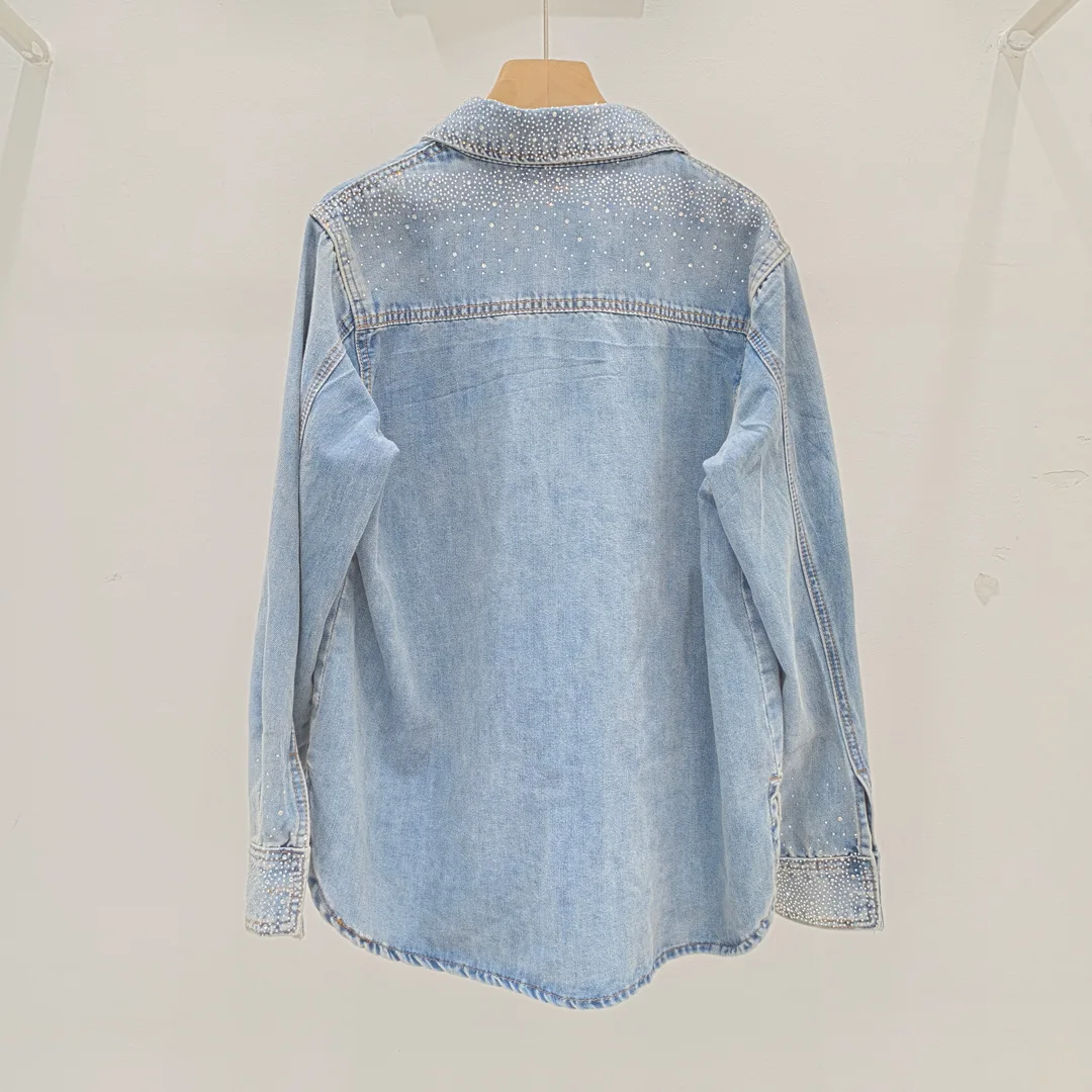 Fashion Brand Heavy Hot Drilling Long Sleeve Denim Shirt for Women 2024 Spring New Polo Collar Loose Mid-Length Long Sleeve Top