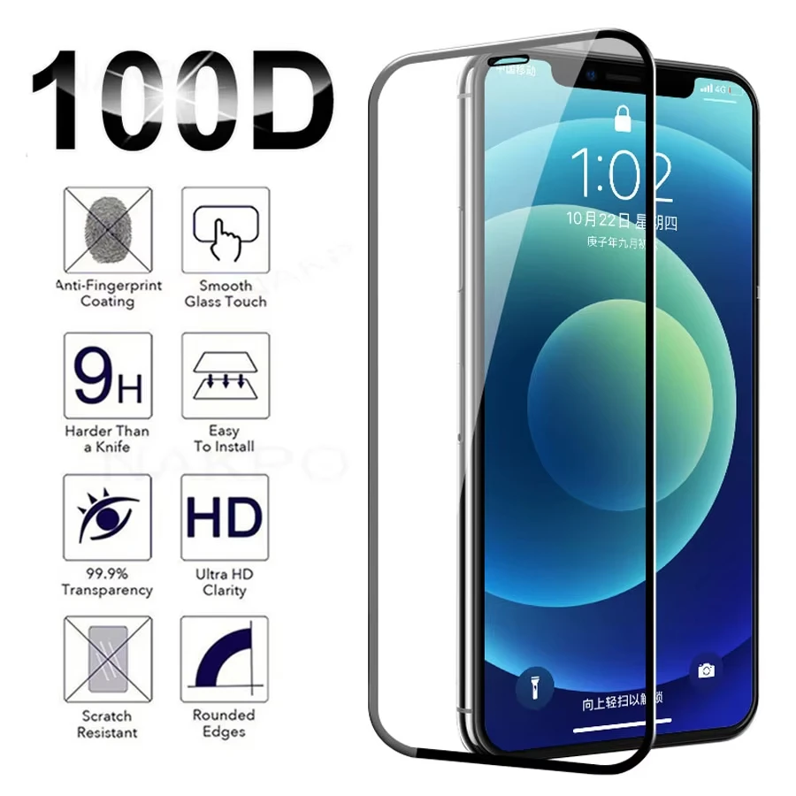 

100D Full Protective Tempered Glass For iPhone 17 Air 16 16e 15 14 Plus 13 12 Mini 11 Pro X XR XS Max 6 7 8 SE Screen Protectors