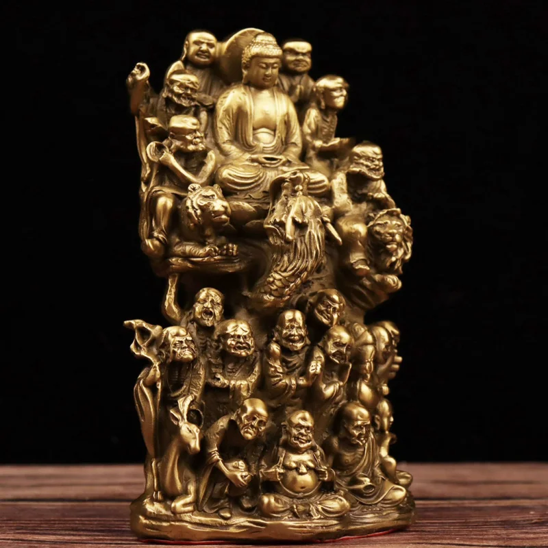 Brass Eighteen Arhats Buddha Statue, Copperware Gift Ornament, Elegant and Auspicious Metal Decoration