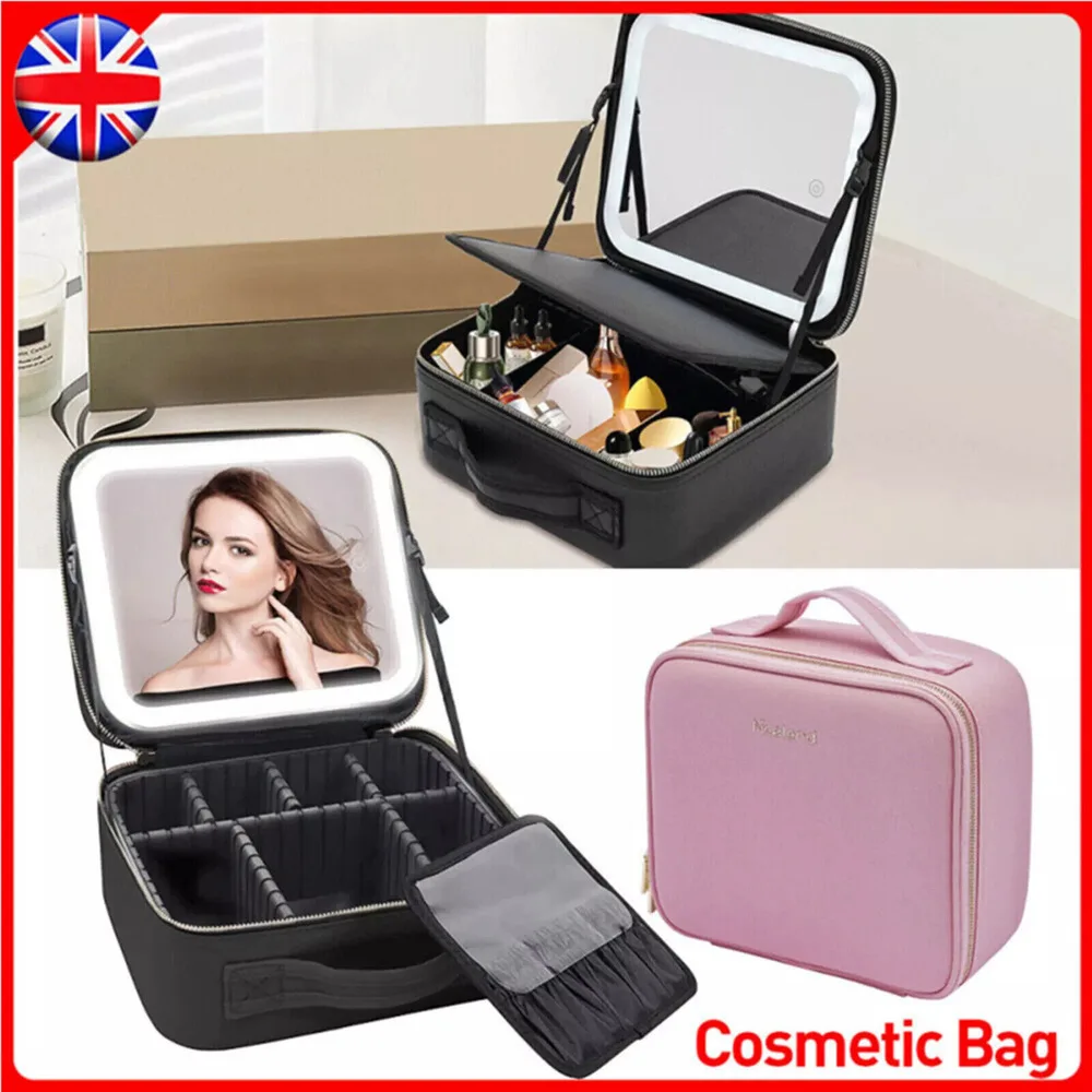 Makeup With LED Mirror Vanity Case Beauty Box Make Up Travel Cosmetic Bag ~