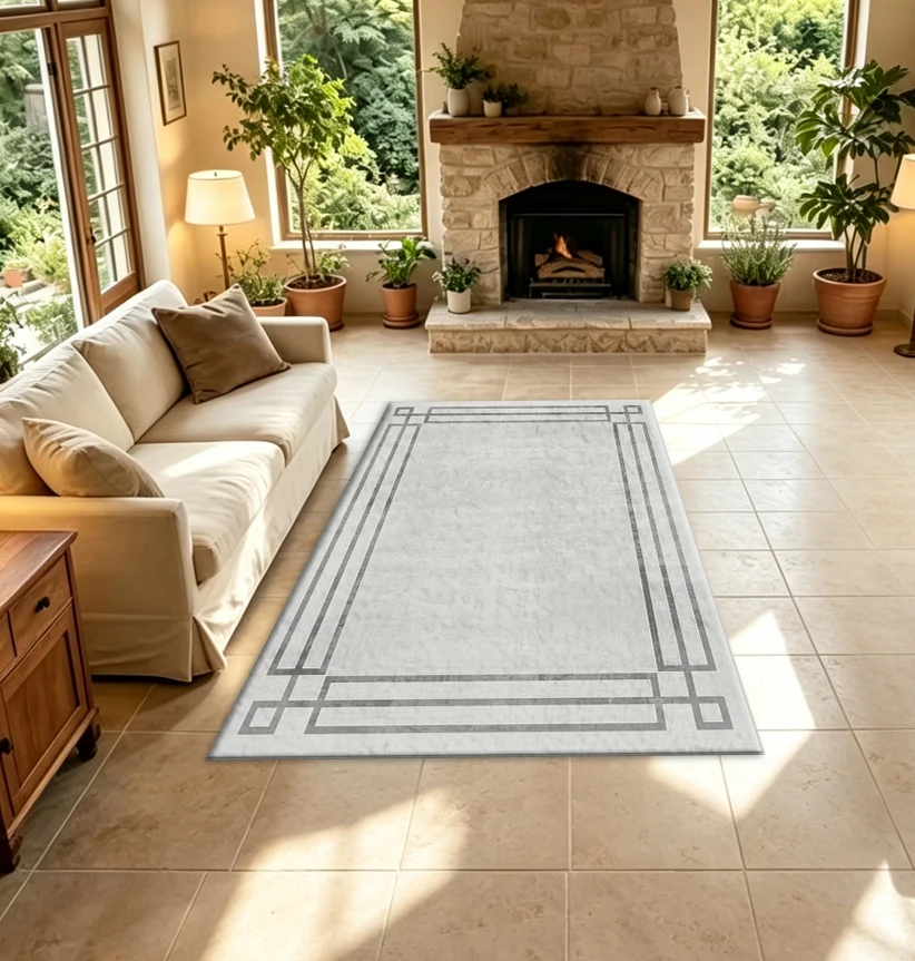 Vintage Ornate Frame Border Carpet Rug Faded Grey Distressed Classic Decorative Household Rug For Indoor Home Decoration
