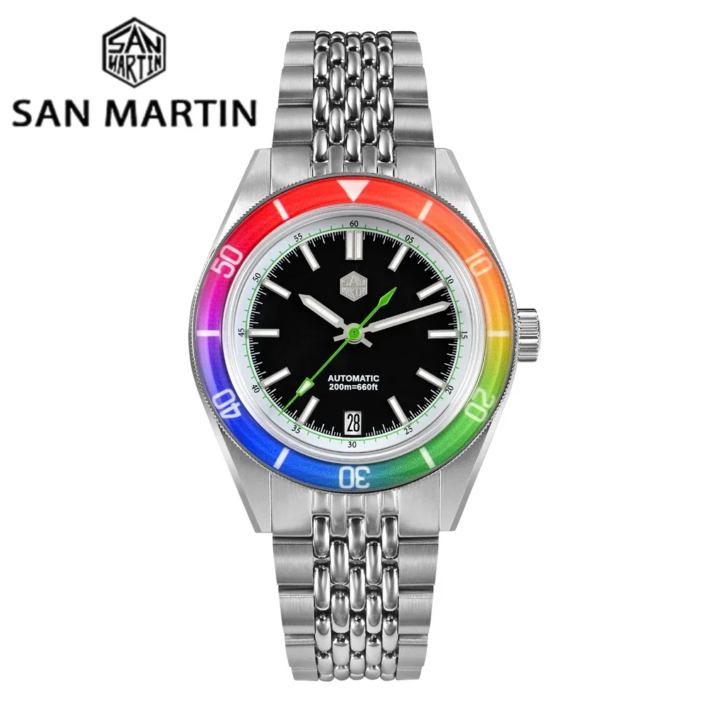 

San Martin Men Watch Fashion Sapphire Rainbow Bezel Full Luminous 39.5mm NH35 Automatic Mechanical Waterproof 200m Date SN0116