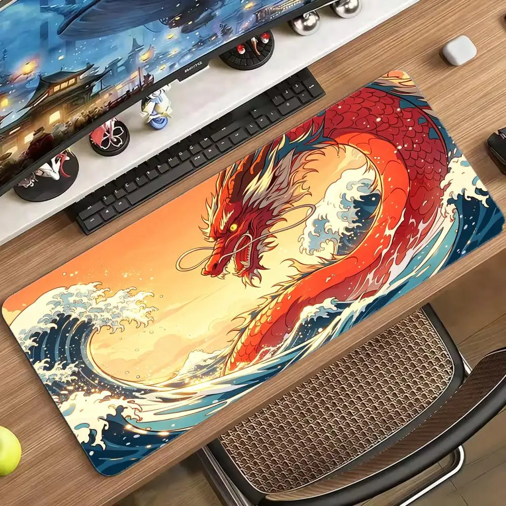 Traditional Oriental Red Dragon Wave Large Gaming Mouse Pad , Sunrise Sea Surf Non-Slip Stitched Edge Desk Mat