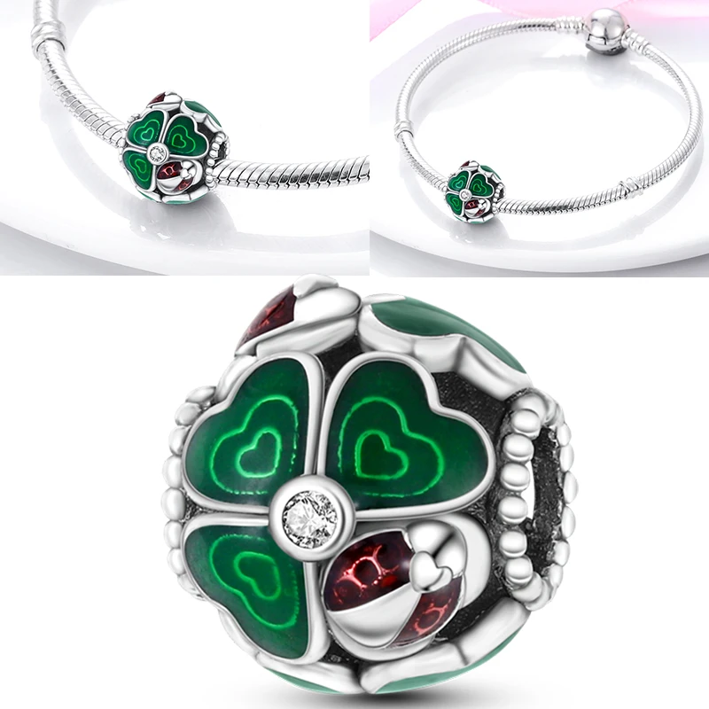 925 Sterling Silber Anhänger Herzförmig Vierblättriges Kleeblatt Marienkäfer Anhänger Passend für Original Armreif Halskette Armband DIY Schmuck Geschenk – Detail 8