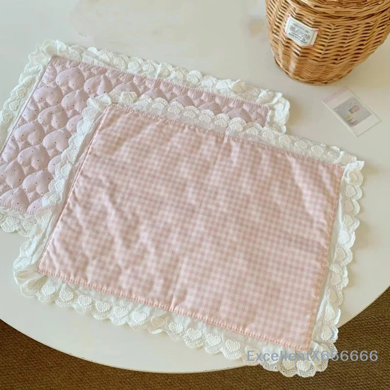 Lace Polka Dot Plaid Table Mat Coaster Set Non-Slip Washable Decorative Placemat for Girl Photo Shoot Dining