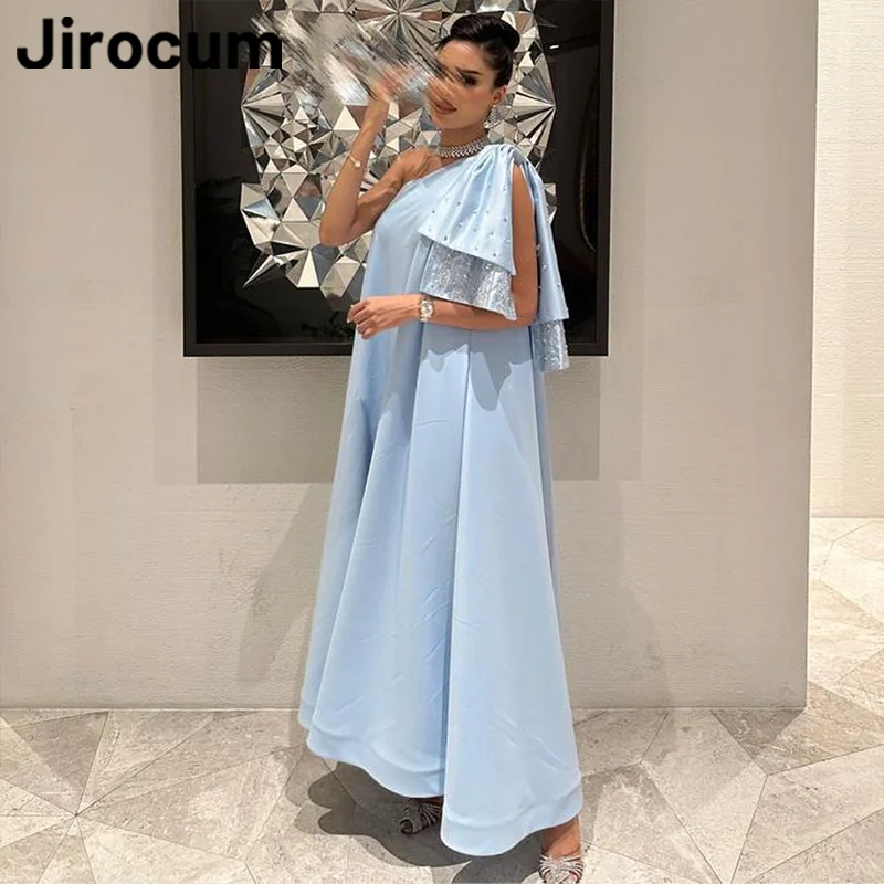 

Jirocum Arabian Sky Blue Prom Dresses Women's One Shoulder Beaded Party Evening Gown Pleated Ankle Length Formal Occasion Dress