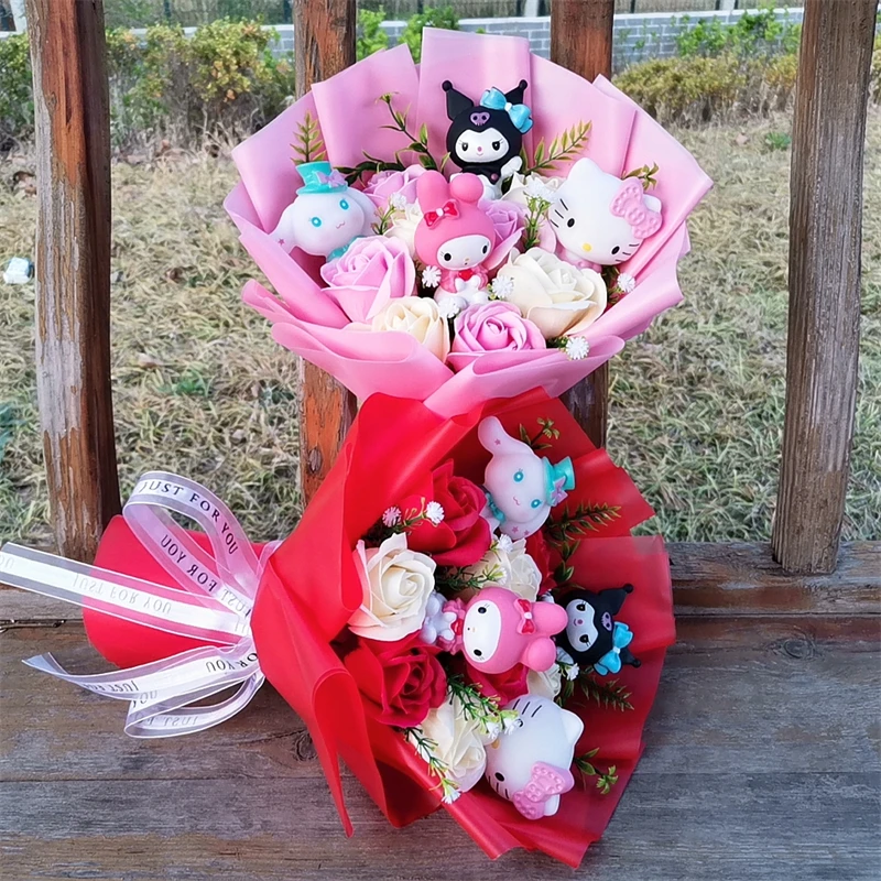 Anime Kuromi My Melody Cinnamoroll Hello Kitty Soap Flower Cartoon Plush Bouquet Valentine's Day Christmas Graduation Gift