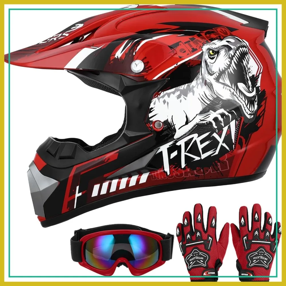 

Youth Dirt Bike Helmet with Goggles & Gloves for Ages 5-14, ATV Motocross BMX MX UTV Offroad Street Go Kart Race Car Helmet