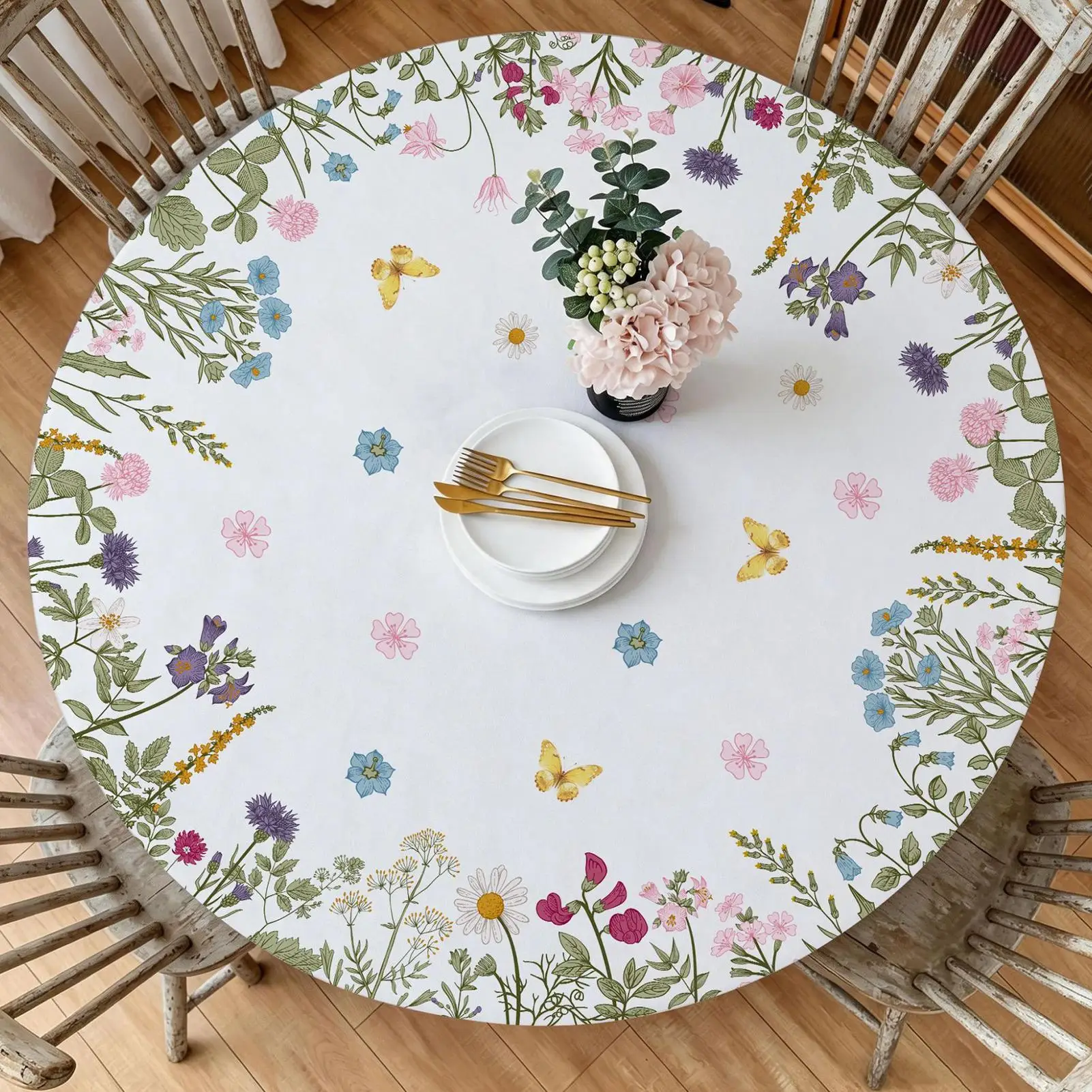 Round Floral Tablecloth 120cm Elastic Waterproof Spring Dining Table Cloth For Homeowners Parents Renters Restaurant Coffee Shop