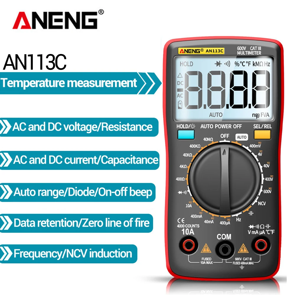 ANENG AN113C/E 4000 liczy cyfrowy profesjonalny multimetr Eletric automatyczna klimatyzacja/napięcie prądu stałego Tester prądu Ohm amperomierz