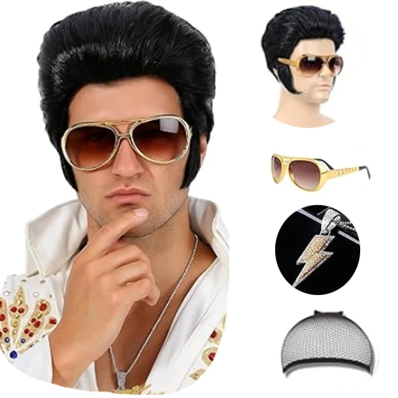 4pcs 50s Rocker Costume Set - Elvis Presley Style Wig with Sunglasses & Necklace - Adult Men's Halloween Cosplay Party Outfit