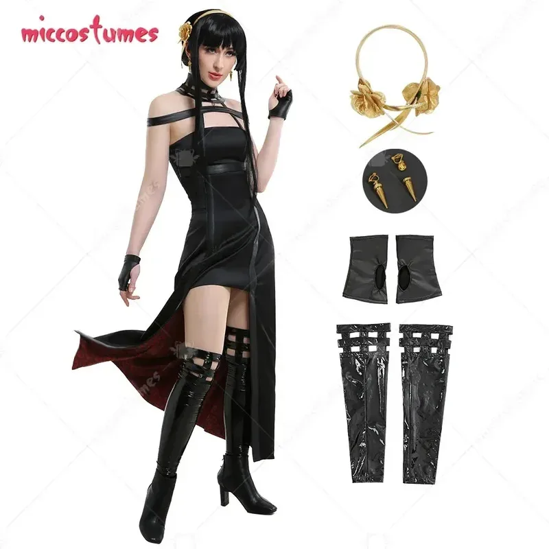 25COSMiccostumes Disfraz de Yor para mujer, vestido gótico halter negro con medias, accesorios para la cabeza, pendientes