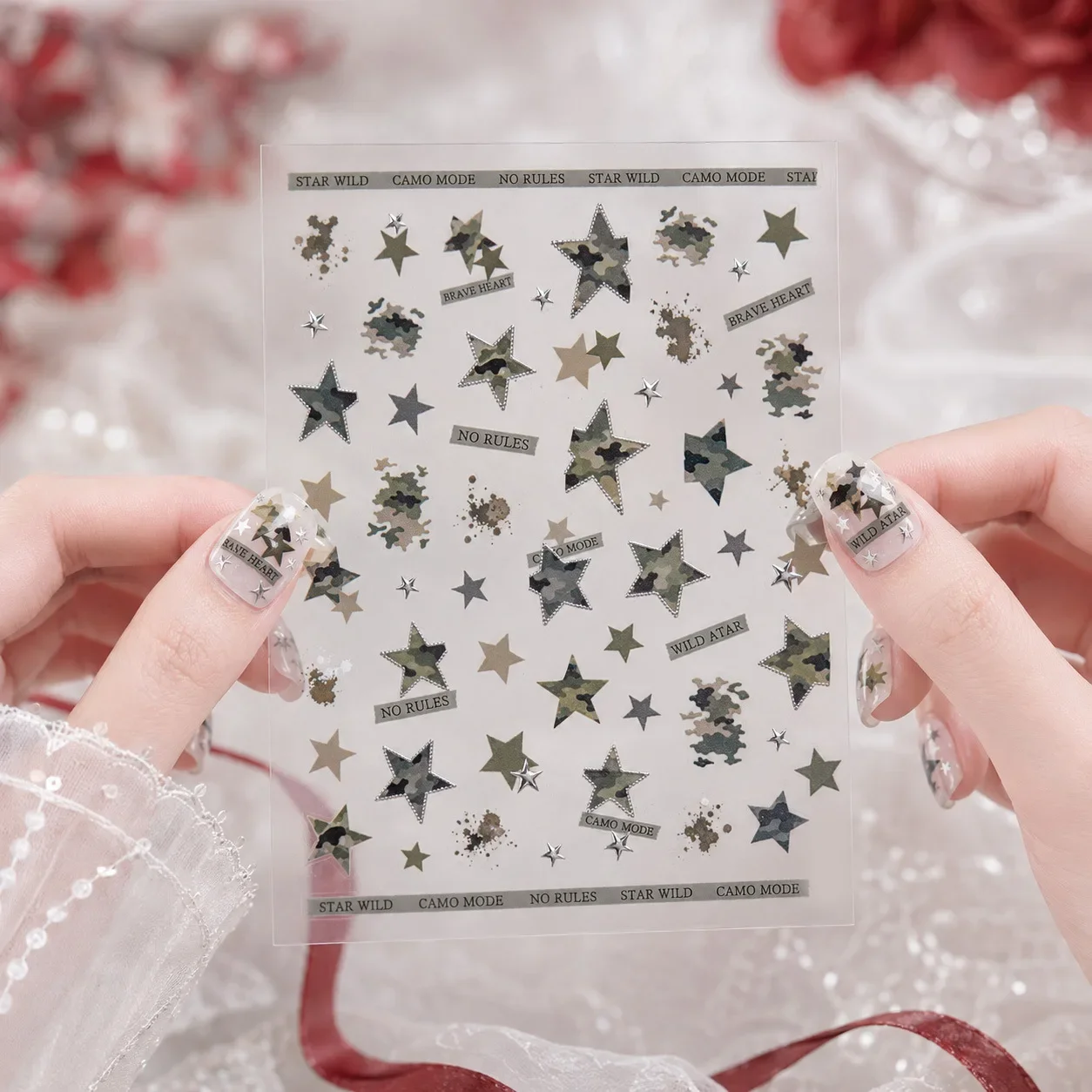 Simple Stars Green Pentagram 5D Nail Sticker Camouflage Silver Stamped Star Self-adhesive Nail Decorations Decals Accessories