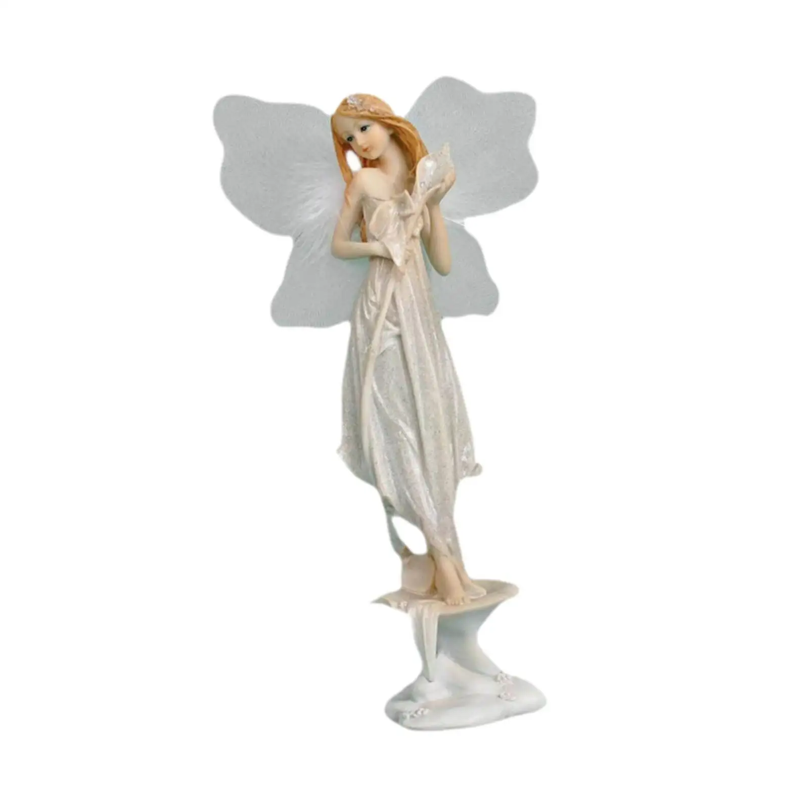 Flower Fairy Statue Art Piece European Style Angel Figure Tabletop Ornament for Fireplace Entrance Bedroom Bookshelf Cabinet