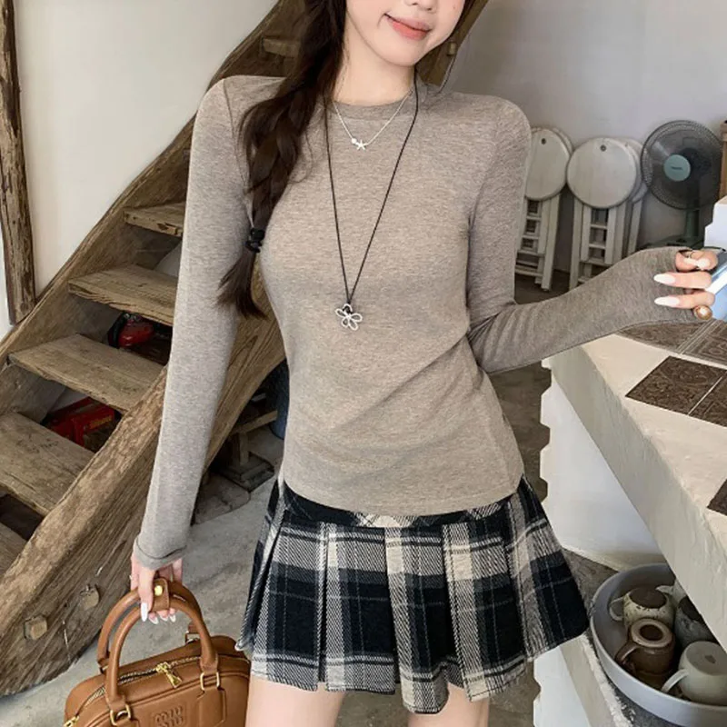 

Korean Style Oatmeal Round Neck Autumn New Long-sleeved T-shirt with Bottoming Slim Fit Lazy Temperament Top Women