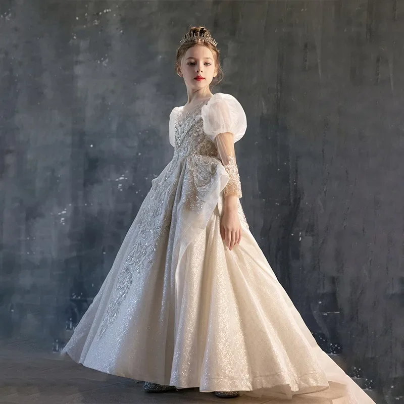 Ivory Flower Girl Dress Sequin Embroidery Tulle Ball Gown Puff Sleeve Wedding Gown First Christmas Party Dress For Girlsفسات