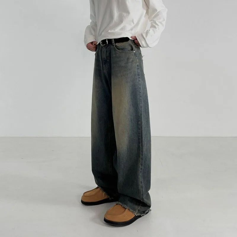 

Distressed Washed Jeans Men in Spring Loose and Retro Floor-length Pants Korean-style Trendy Straight-leg Long Pants Fashionable